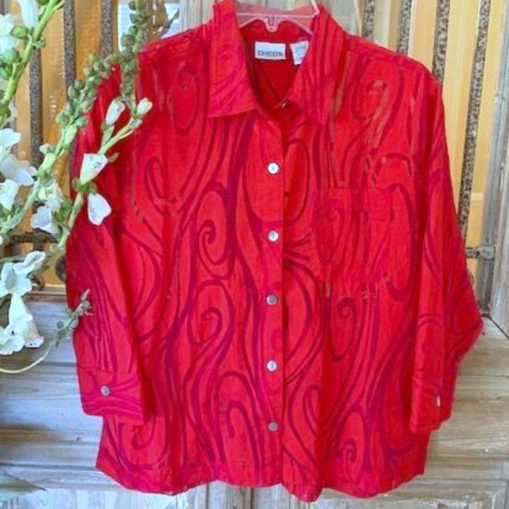 Chico's Red Blouse Swirl Collared 3/4 Sleeve Semi-Sheer New W/O Tags